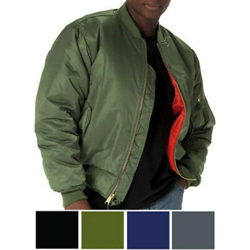 Men's Original Military Bomber Flight Jacket - Air Force MA-1 Reversible, Waterproof, Orange Lining, Sage, Grey, Green, Navy, Blue, Nylon-Leather Ribbed Knit Shell, Long Sleeve Polyester Top, Brass Zipper, 5 Total Pockets (2 Front Slash, 2 Inner Welt)