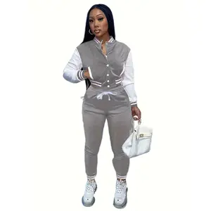 [Casual Baseball Jacket Set] Women's Casual Two-Piece Set - Solid Color Baseball Jacket & Pants, Long Sleeve, Regular Fit, Single-Breasted Buttons |     Casual Style