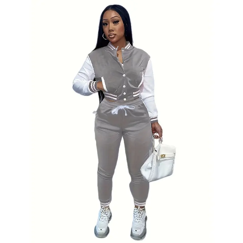 [Casual Baseball Jacket Set] Women's Casual Two-Piece Set - Solid Color Baseball Jacket & Pants, Long Sleeve, Regular Fit, Single-Breasted Buttons |     Casual Style