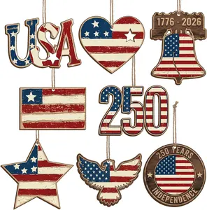 8 Pcs 250th Anniversary Patriotic Tree Ornament Wood Memorial Day Red White Blue Decoration Rustic Farmhouse USA American Flag Eagle 4th of July Hanging Ornament for 250th Merchandise