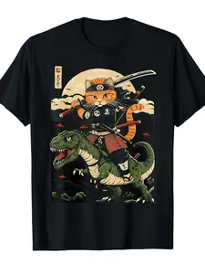 Everyday Comfort Men's & Women's Casual Crew Neck T-Shirt - Black, Short Sleeve, Regular Fit, All-Season Wear with Vibrant Samurai Cat Riding Dinosaur Japanese Ukiyo-e Print