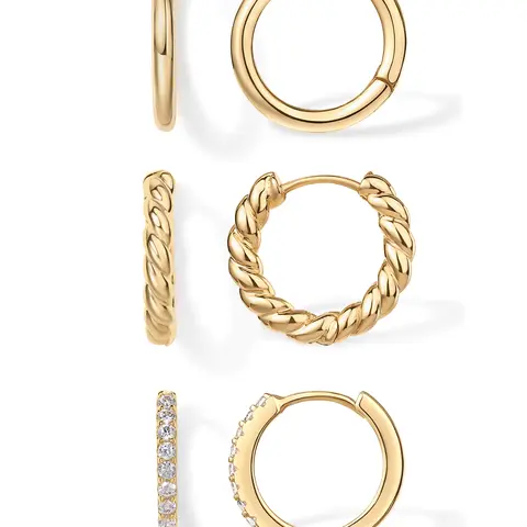 PAVOI 18K Gold Plated 925 Sterling Silver Posts 3 Pairs Small Hoop Earrings Set - Cubic Zirconia Plain Rope Huggie Hoops for Women