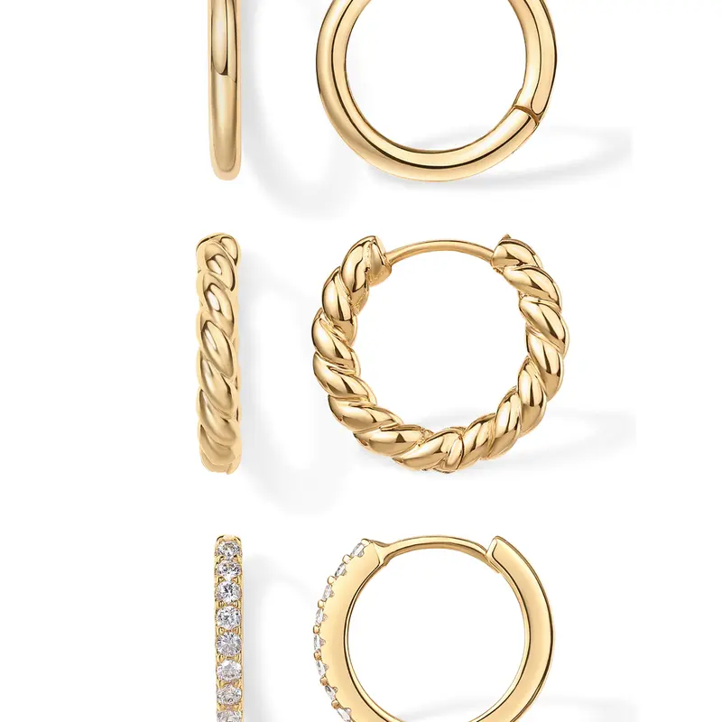 PAVOI 18K Gold Plated 925 Sterling Silver Posts 3 Pairs Small Hoop Earrings Set - Cubic Zirconia Plain Rope Huggie Hoops for Women