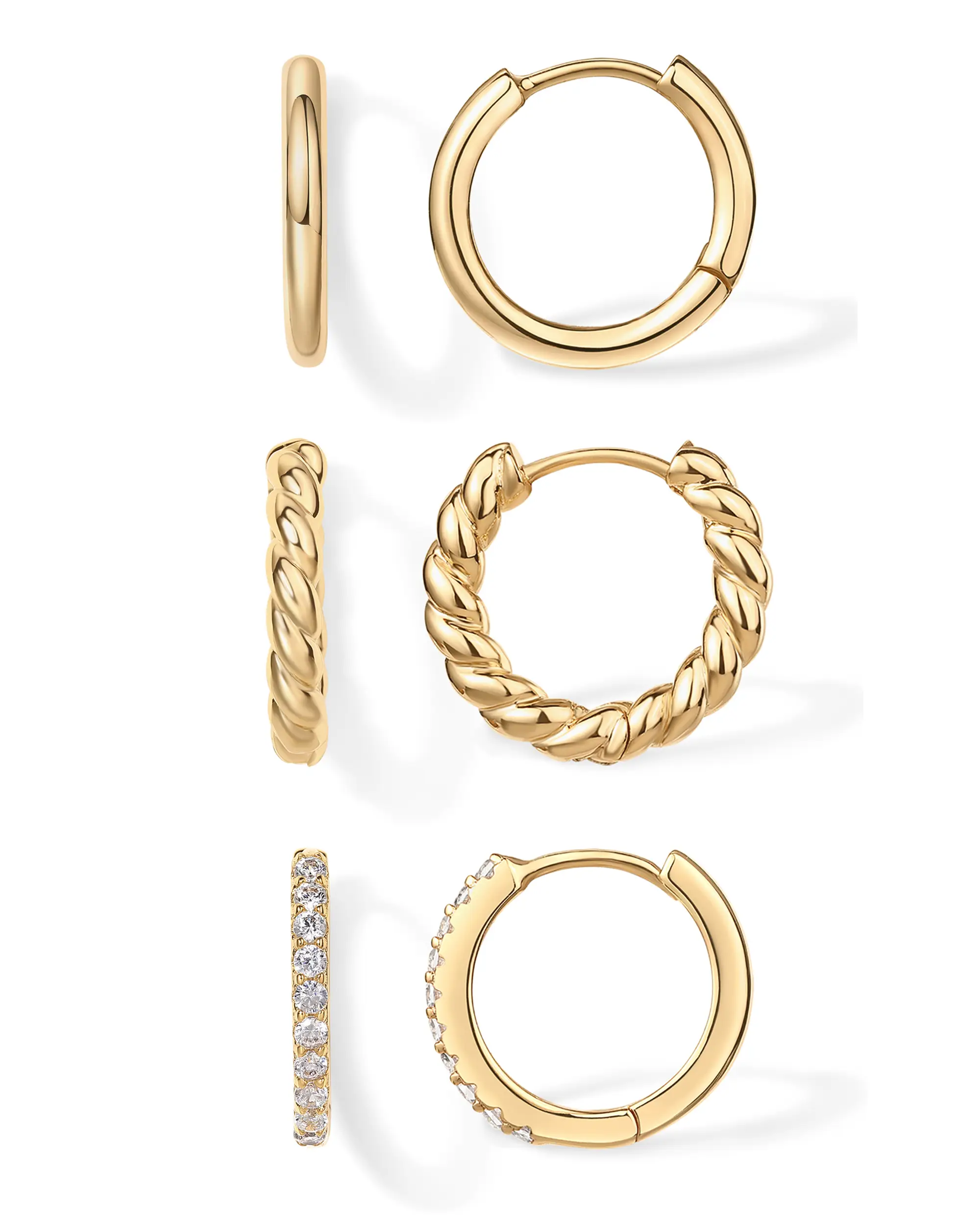 PAVOI 18K Gold Plated 925 Sterling Silver Posts 3 Pairs Small Hoop Earrings Set - Cubic Zirconia Plain Rope Huggie Hoops for Women