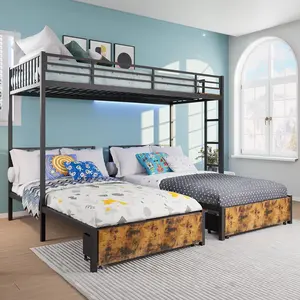 Triple Bunk Bed Twin Over Twin & Twin, Metal Bunk Bed for 3, Detachable into 3 Separate Twin Beds, Heavy Duty Frame with Guardrails & Ladder, No Box Spring Needed, Black