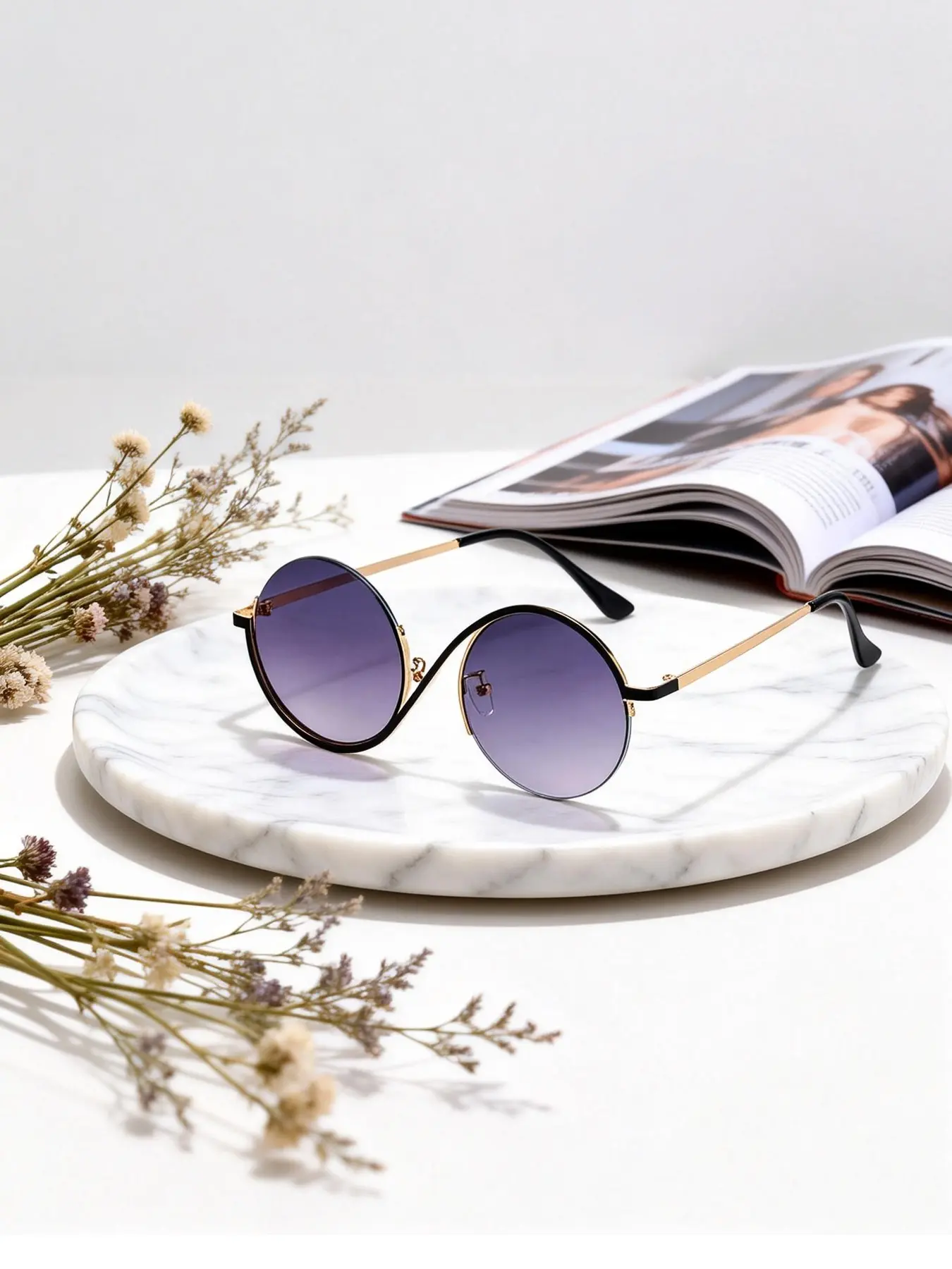 New Half Frame Sun Glasses Retro Fashion Trendy Round Large Frame Female Personalized Metal Sunglasses UV400 Trendy Casual Sunglasses
