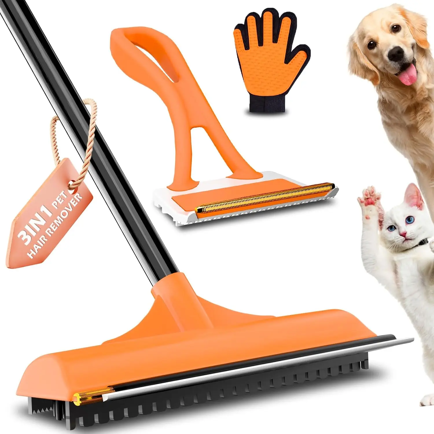 Stainless Steel 3-in-1 Carpet Rake Kit for Pet Hair Removal, Orange 3 Pcs Set with 58-Inch Adjustable Handle, Versatility Broom Head & Dual-Sided Handheld Brush for Rugs, Mats, 3-In-1 Versatility Broom Head