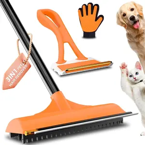 3 in 1 Carpet Rake Kit for Pet Hair Removal Orange Reusable Pet Hair Remover Broom with 58 Adjustable Long Handle Ideal for Rugs Mats Couch Curtains