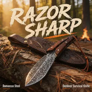 Portable Survival Knife (Wooden Handle with Leather Sheath) — Feather-Pattern Full-Tang Blade | Ideal for Game Processing & Wilderness Survival | A Perfect Hunting Gift for Men outdoorfun