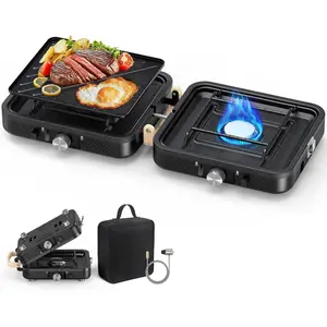 2-Burner Foldable Camping Stove with Griddle (Textured & Smooth) and Carrying Bag, Portable Propane Camp Stove with 2 Adjustable Burners & Piezo Ignition, for Camping Tailgating Essentials Gear Collapsible Silicone Camping Bowls Set portable silicone wate
