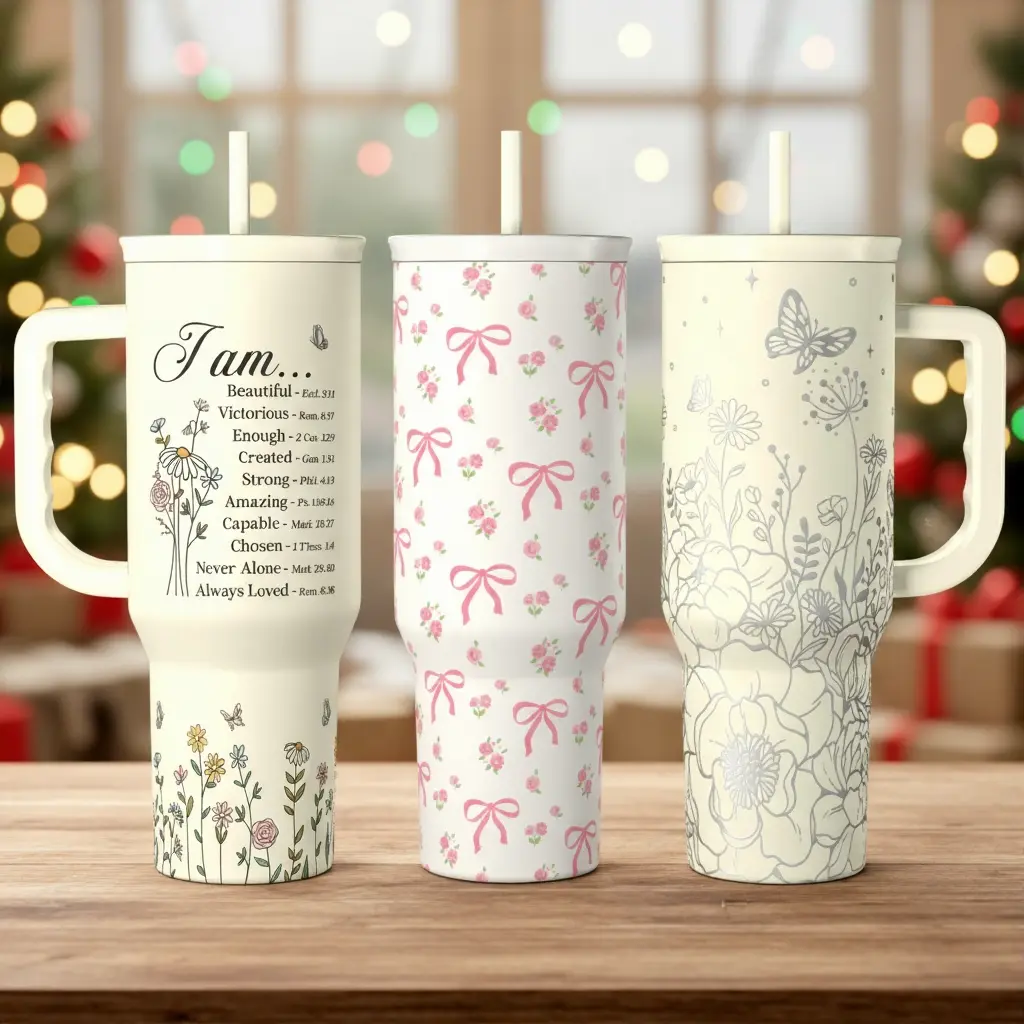 Sandjest Patterned 40oz Tumbler with Straw & Handle, Stainless Steel Insulated Vacuum, Cup Holder Friendly Base, Drinkware Gift for Birthday Christmas