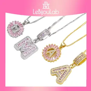 [LeBijouLab 2026 New Arrival] Pink Gemstone 2-Piece Initial Letter Necklace Set with Zirconia Stones, Golden & Silver Bubble Initial Necklaces for Women, Birthday Gifts Anniversary Gift Initial Letter Alphabet Necklace | Gifts for Girlfriend & Wife P2