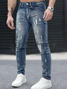 Trendy Vintage Slim-Fit Ripped Jeans for Men, Comfortable Fashionable Casual Pants for All Seasons, Stylish Versatile Denim Trousers, Pocket, Menswear