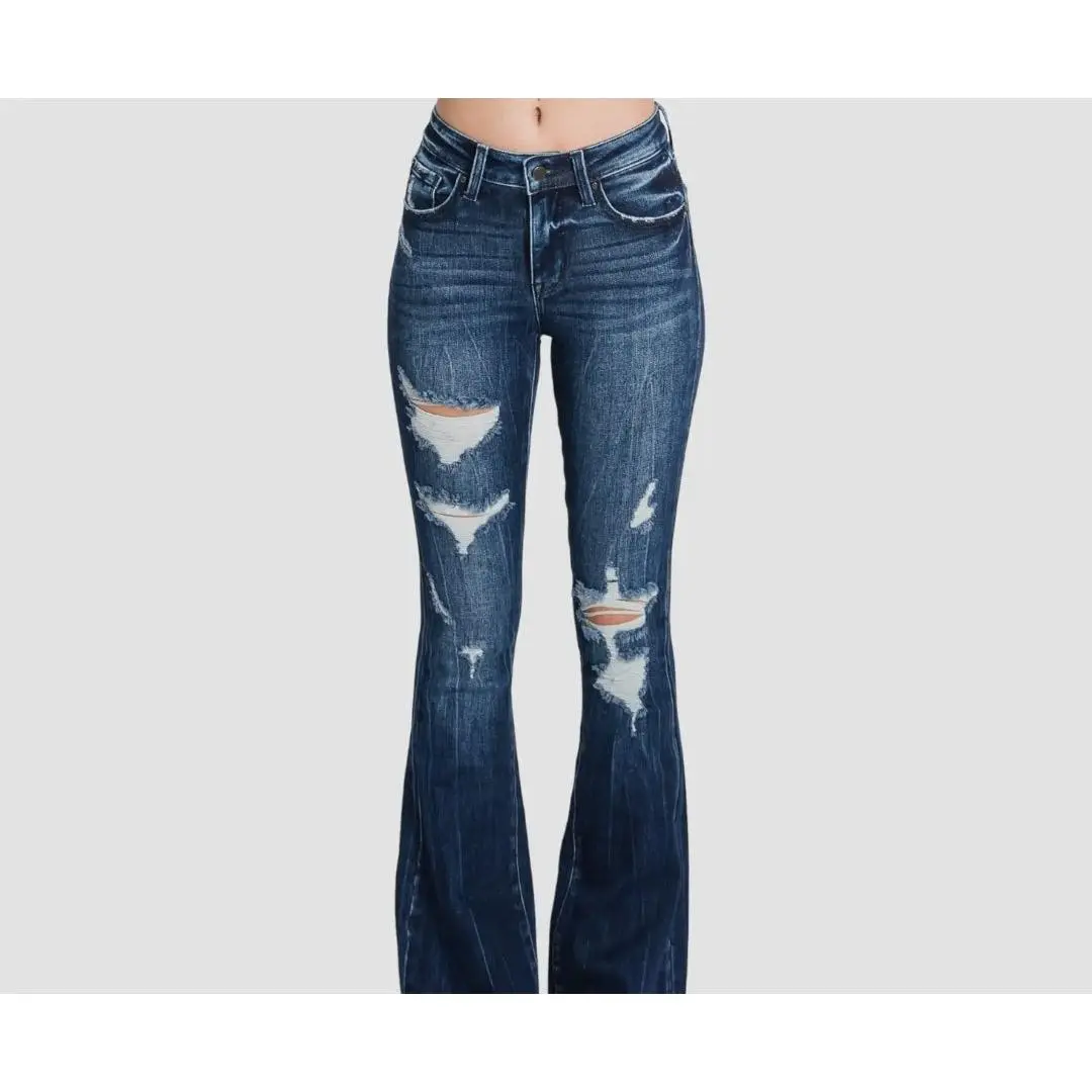 Petra153 Distressed Mid Rise Stretch Flare