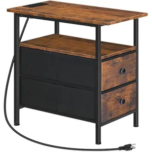 End Table with Charging Station, Narrow Side Table, Nightstand with 2 Non-Woven Drawers, Slim Sofa Side Table, for Small Spaces, Living Room, Bedroom, Rustic Brown and Black