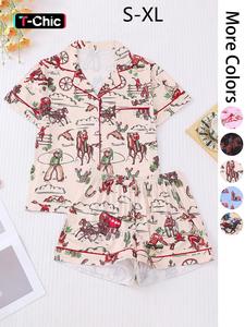 women's all over cowboy print lapel shirt & shorts pajama two-piece set, casual comfy short sleeve top & shorts loungewear set, ladies summer sleepwear, pajama sets, lounge sets, womenswear, pjs, pyjamas, homewear