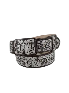Horse Head in Horseshoe Silk Thread Charro Leather Belt - 2" Wide Cinto Charro