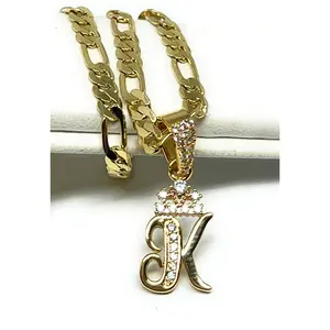 Gold Plated CUSTOMIZED CROWN  CZ Initial Letter Pendant with Figaro Chain 24" 3mm
