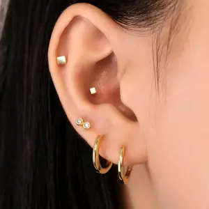 Mini Double Bling Screw Back Earrings, S925 Silver & Gold Dainty Double CZ 20g Tragus Studs Conch Cartilage Helix 20 Gauge Ball Back Earrings Second Multi Piercings Stackable Hypoallergenic Comfort Sleep On Jewelry Gift for Her Him Kids Christmas Birthday