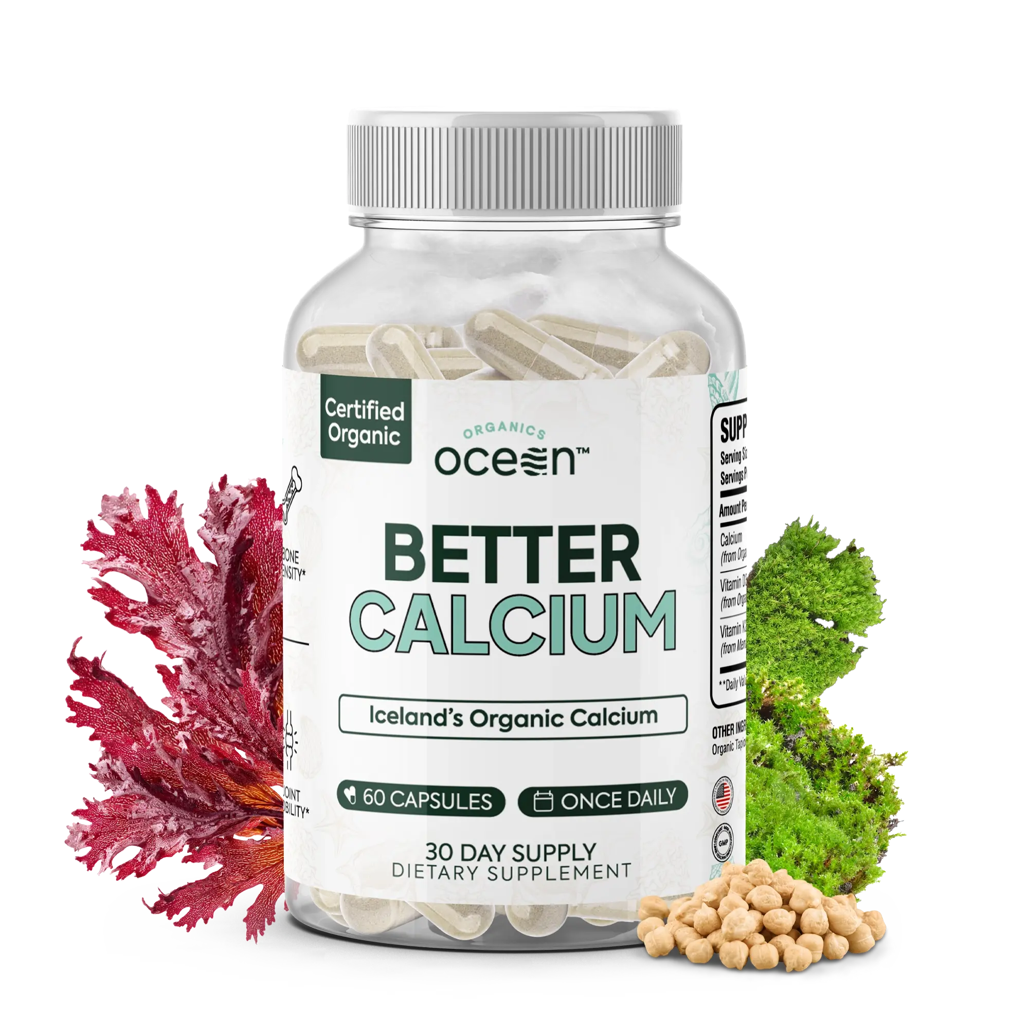 Organics Ocean Better Calcium for Bone Density, Joint Mobility & Bone Strength | Organic with VegD3 + MenaQ7 K2 | 70+ Trace Minerals | No Rock-Based Calcium | Vegan | GMP | 60ct