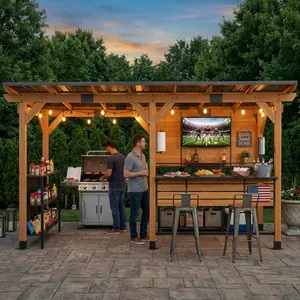 CHARMELEON 6 x 14 FT Grill Gazebo with Storage Cabinet,Cedar Wood Entertainment Bar Center Including Metal TV Mount&Serving Bar&Paper Towel Holder&Bottle Opener,Wooden Gazebo for Patio,Garden,Outdoor