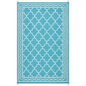 8x10 ft Light Blue and White Plastic Rectangular Outdoor Rug, Modern Moroccan Look with Rhomb Border, Easy Cleaning for Outdoor Beach, Front Porch Use
