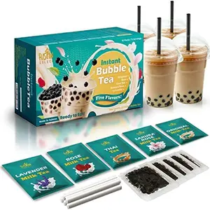 Fusion Select 5 Pack Authentic Tea Flavors Sakura, Lavender, Rose, Thai, Original Milk Tea Kit - Extra Rich Flavor Bubble Drinks, Tapioca Pearls, Straws - Complete Boba Kit