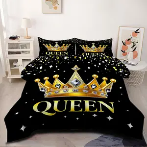2/3pcs Black and Gold Rhinestone Crown Queen Pattern Comforter Set, a Powerful Bedding Set Suitable for a Luxurious Bedroom or a Queen-Themed Room. Includes 1 or 2 Pillowcases, Pillow Inserts Not Included.