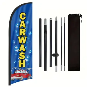 Car Wash Shop Flag, Polyester Advertising Flag with Flag Pole and Ground Stake, Outdoor Promotion Banner Decoration