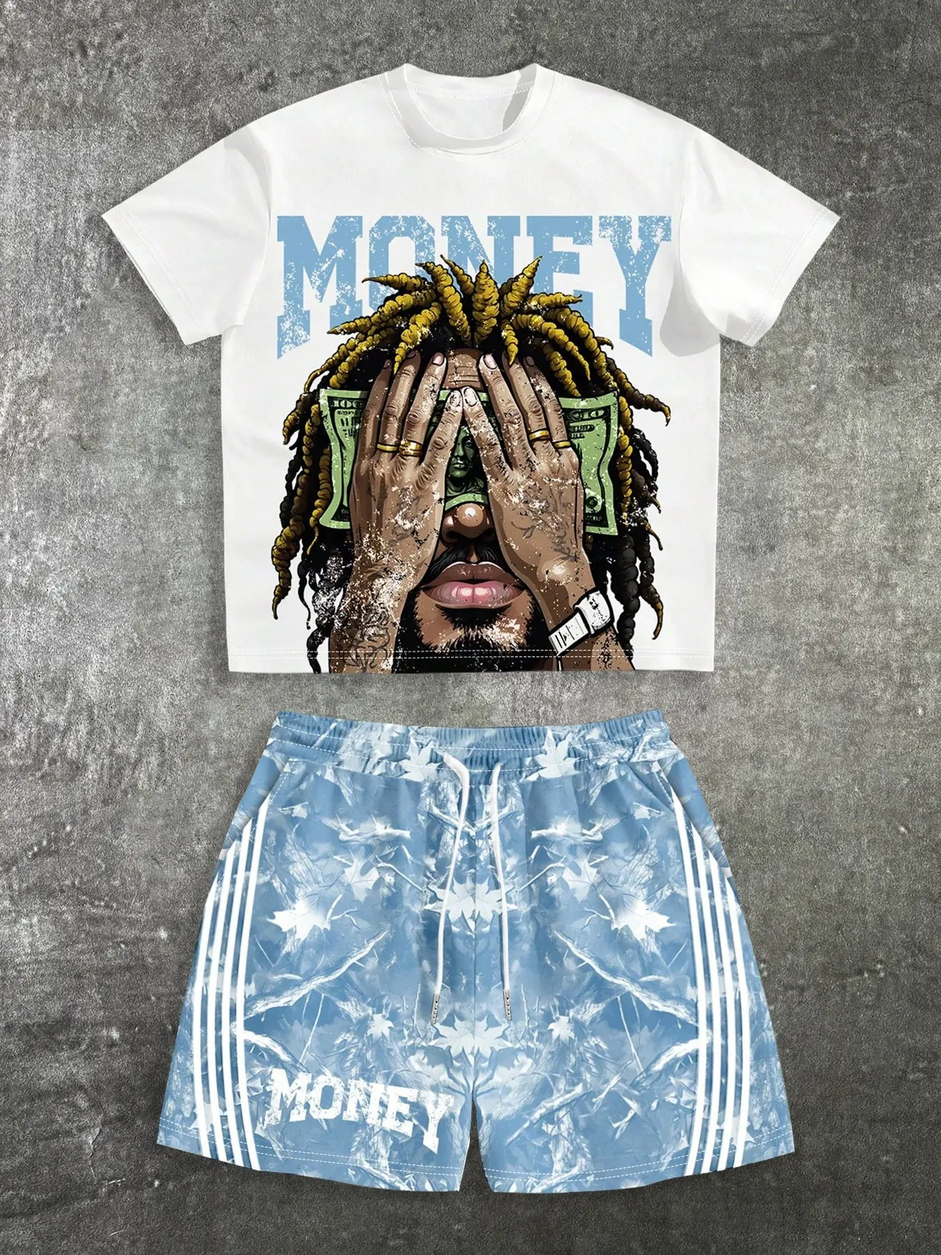 Men's "MONEY" Graphic Digital Print T-Shirt & Camouflage Shorts 2-Piece Set, Streetwear Hip Hop Casual Outfit, Breathable Summer Wear, Casual Matching Sets