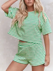 Two-piece Set Women's Striped Print Drop Shoulder Tee & Shorts Casual Set, Comfy Short Sleeve T-shirt & Elastic Waist Shorts Set, Back To School Wear, Lounge Sets, Pajama Sets Women, Ladies Set for All Seasons, Loungesetwomen, Loungewear, Fitted