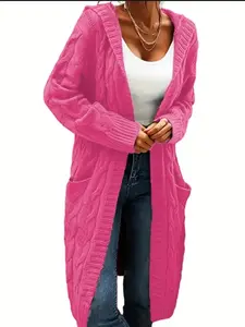 Elegant Plus-Size Hooded Knitted Cardigan Long Sleeve Button Pocket Sweater Coat Casual Solid Color Women's Fashion Set in Vibrant Pink
