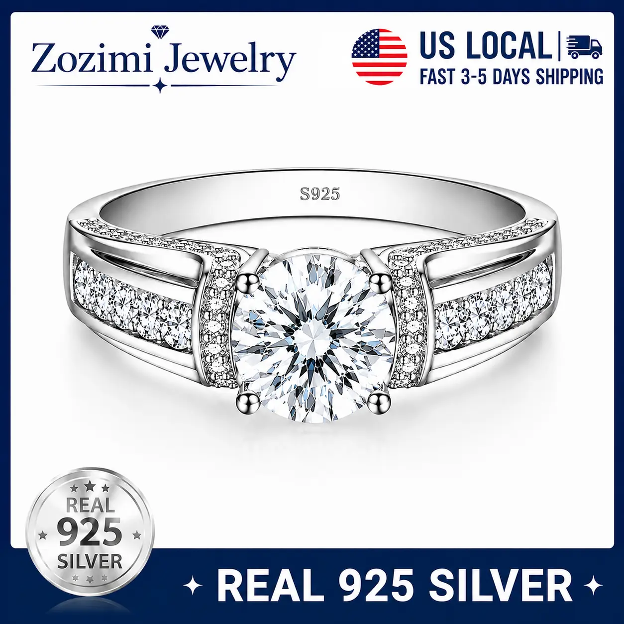 S925 Sterling Silver 3ct Round Cut with 7A Cubic Zirconia Ring for Women and Men, Engagement, Wedding, Promise Ring, Statement Jewelry, Bridal Ring, Anniversary Valentine's Day Gift for Her