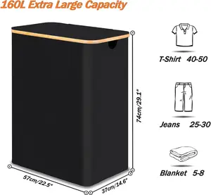 160-liter laundry basket with lid, oversized three-section garment organizer, three-format laundry sorting basket with detachable inner pocket and label, suitable for bedroom, laundry room, and bathroom for dirty clothes storage