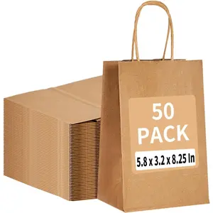 50 Pack Kraft Small Paper Bags with Handles Bulk, 5.8"x3.2"x8.25" Brown Gift Bags for Retail, Shopping, Birthday Parties, Mini Bags for Business, Goodies