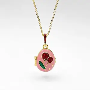 vibecharm Long Openable Butterfly Locket Necklace - Gold-Tone Boho Costume Jewelry with Pink Enamel Cherry Egg Pendant, Secret Inner Charm, Unique Women's Summer Gift Accessory