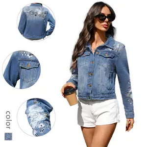 Women's Floral Embroidered Denim Jacket - Light Wash Jean Jacket for Casual Chic Layering