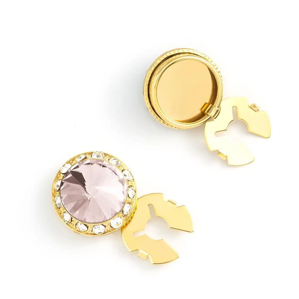 Men's Gold/Greige Button Cover Cuff-Link With Crystal Stud Centered Surrounded By Crystal Studs