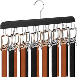 Belt Hanger for Closet, Holds Up to 42 Belts, Sturdy Wooden Belt Rack with 14 Hooks, Space-Saving Belt and Tie Organizer for Closet Storage (1, Black)