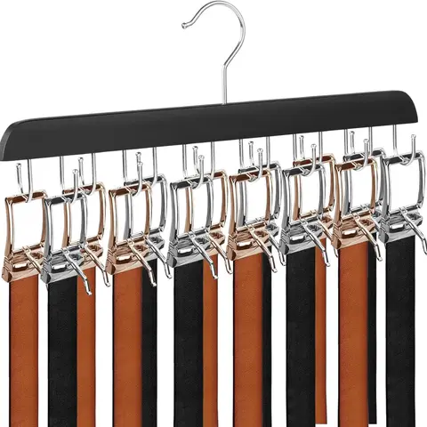 Belt Hanger for Closet, Holds Up to 42 Belts, Sturdy Wooden Belt Rack with 14 Hooks, Space-Saving Belt and Tie Organizer for Closet Storage (1, Black)