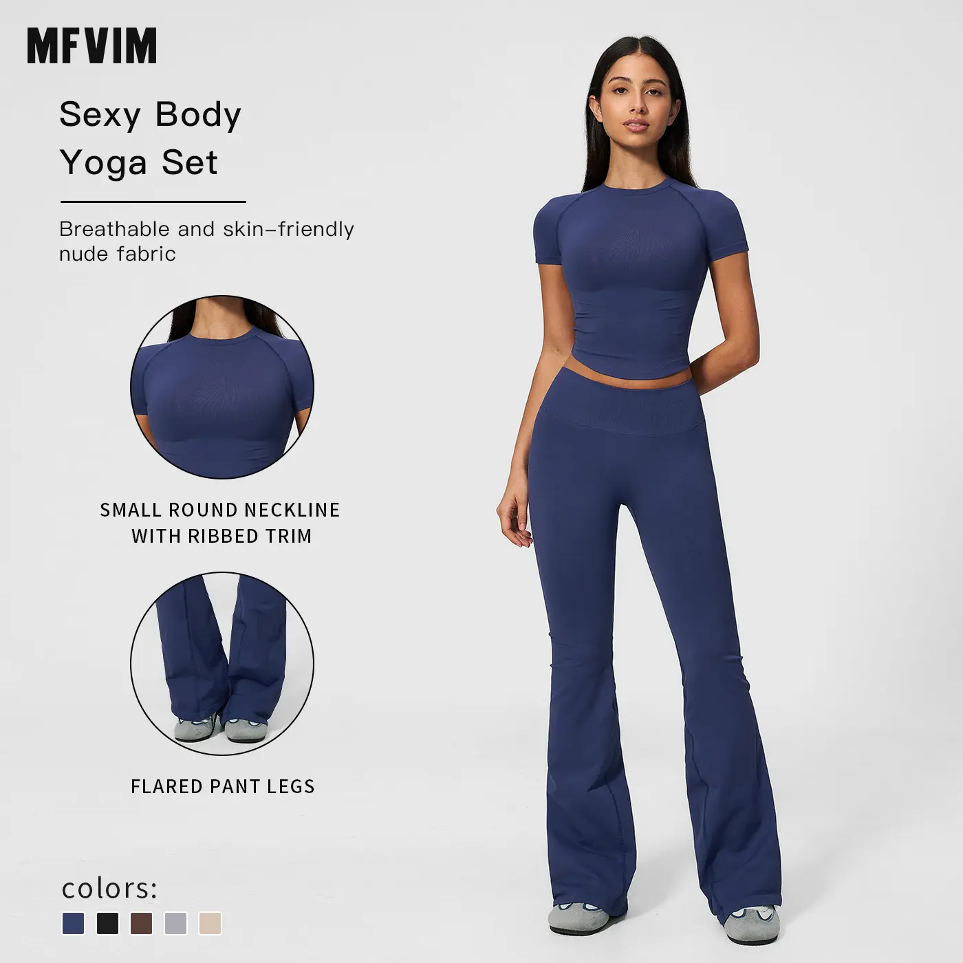 MFVIM Women’s Ribbed Crew Neck Short Sleeve Yoga Set — High-Waisted Drapey Slightly Flared Yoga Pants, Second-Skin Feel, Skin-Friendly Fitness Two-Piece Set