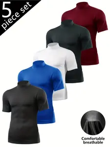 New Summer Collection of Five-Piece Set Featuring a Cool Short-Sleeve T-Shirt for Men, Designed in a Solid Color with a High Neck, Perfect for Casual Wear, Fitness, And Running