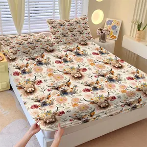 3-Piece Floral Highland Cow Fitted Sheet Set, 1 Fitted Sheet + 2 Pillowcases, Soft Breathable Fabric, Non-Slip Mattress Cover, Flower Cow Bedding, Ideal for Girls Bedroom, Farmhouse Decor or Gift