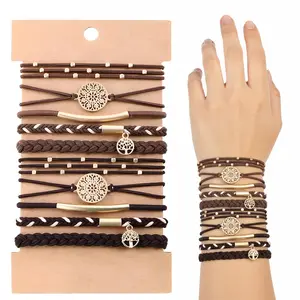 10 Boho Bracelets, Braided & Stretch Hair Ties for Thick/Thin Hair, 5 Styles, Light Coffee Colors - No Damage Ponytail Holders
