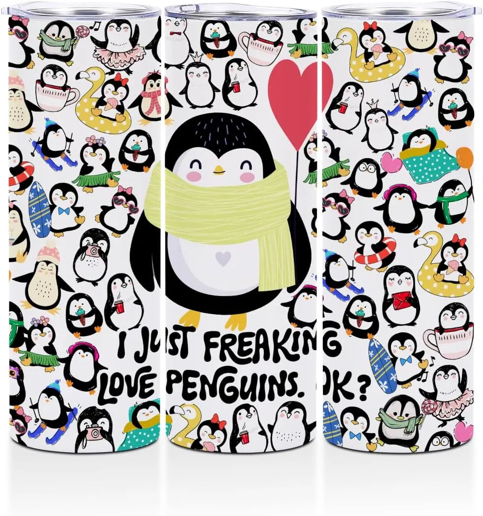 Penguin Gifts, Stainless Steel Straight 20 Oz Tumbler, Penguin Lover Gifts for Women, Girls, Daughter, Skinny Double Wall Coffee Mug with Lid Insulated Cup Vacuum Thermos Travel Cup
