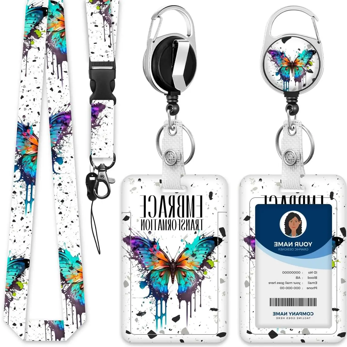 Butterfly Pattern ID Badge Holder Set, 1 Count ID Card Holder with Lanyard & Retractable Badge Reel, Identification Badges & Supplies for Office, Nurse Badge Reel, Retractable Badge Holders, Badge Accessories