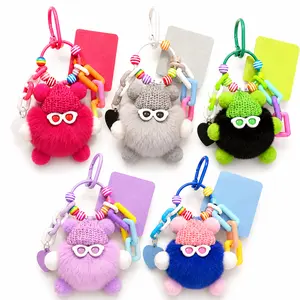 Cute Fluffy Pom Pom Keychain Plush Bag Charm, Kawaii Fuzzy Doll Key Ring with Sunglasses Knit Hat Colorful Bead Chain, Cute Backpack Purse Car Key Pendant, Soft Plush Hanging Ornament Gift for Girls Women