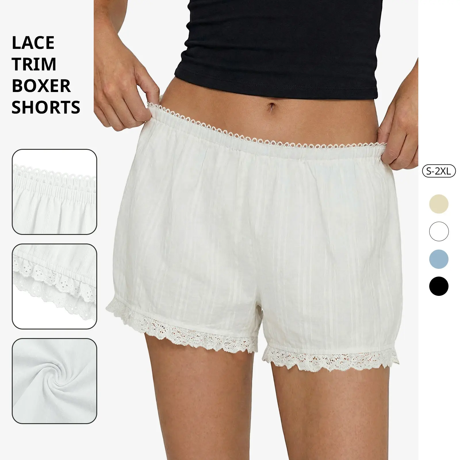 Tankaneo Womens Cotton Lace Trim Shorts Bloomers Cute Casual Low Waisted Pajama Lounge Summer Beach Bottoms