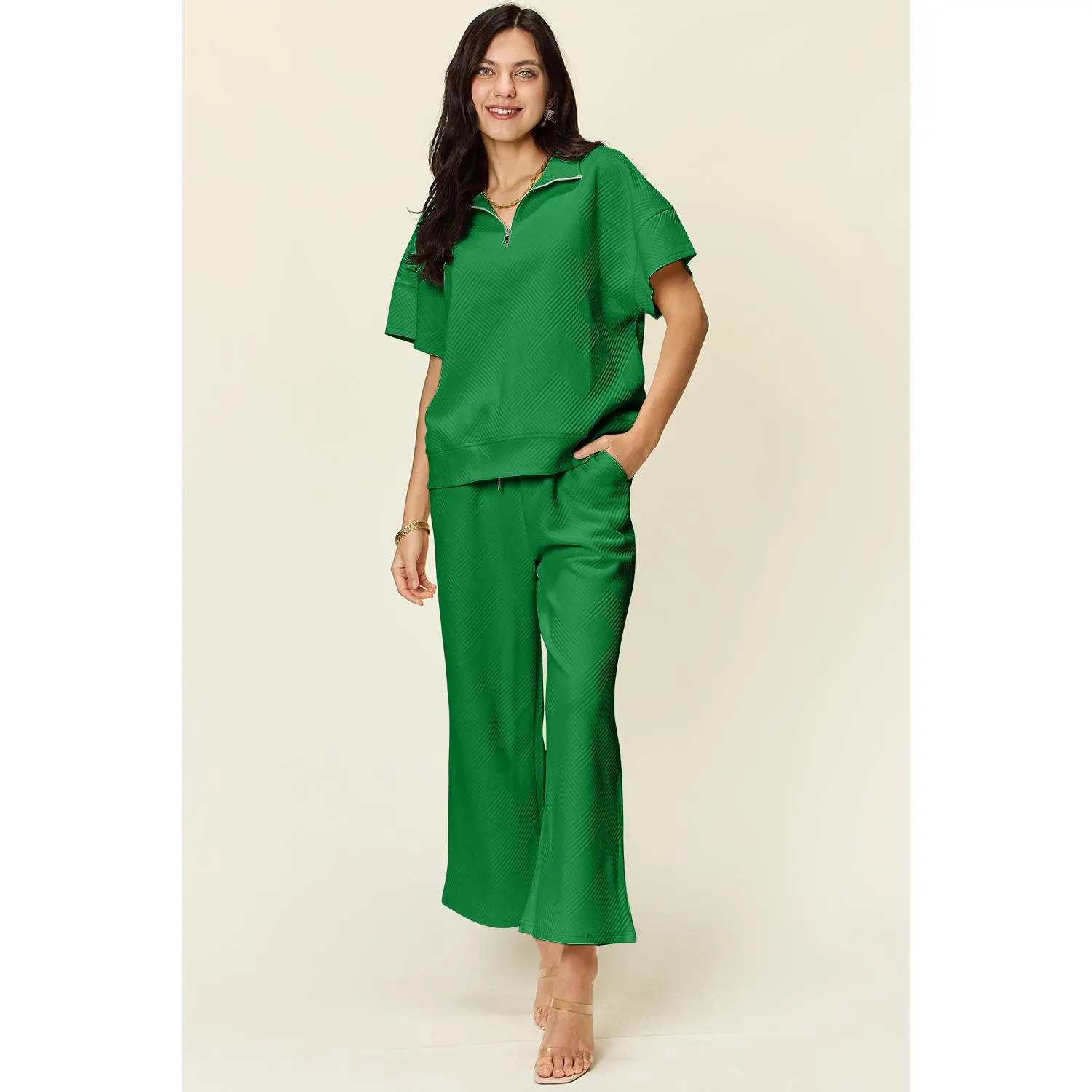 Double Take Full Size Texture Half Zip Short Sleeve Top and Pants Matching Set