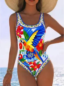 AUGUST VACATION Women's Fashion Tropical Parrot Floral Print Round Neck Design Sexy Beach Vacation Bikini One-Piece Swimsuit